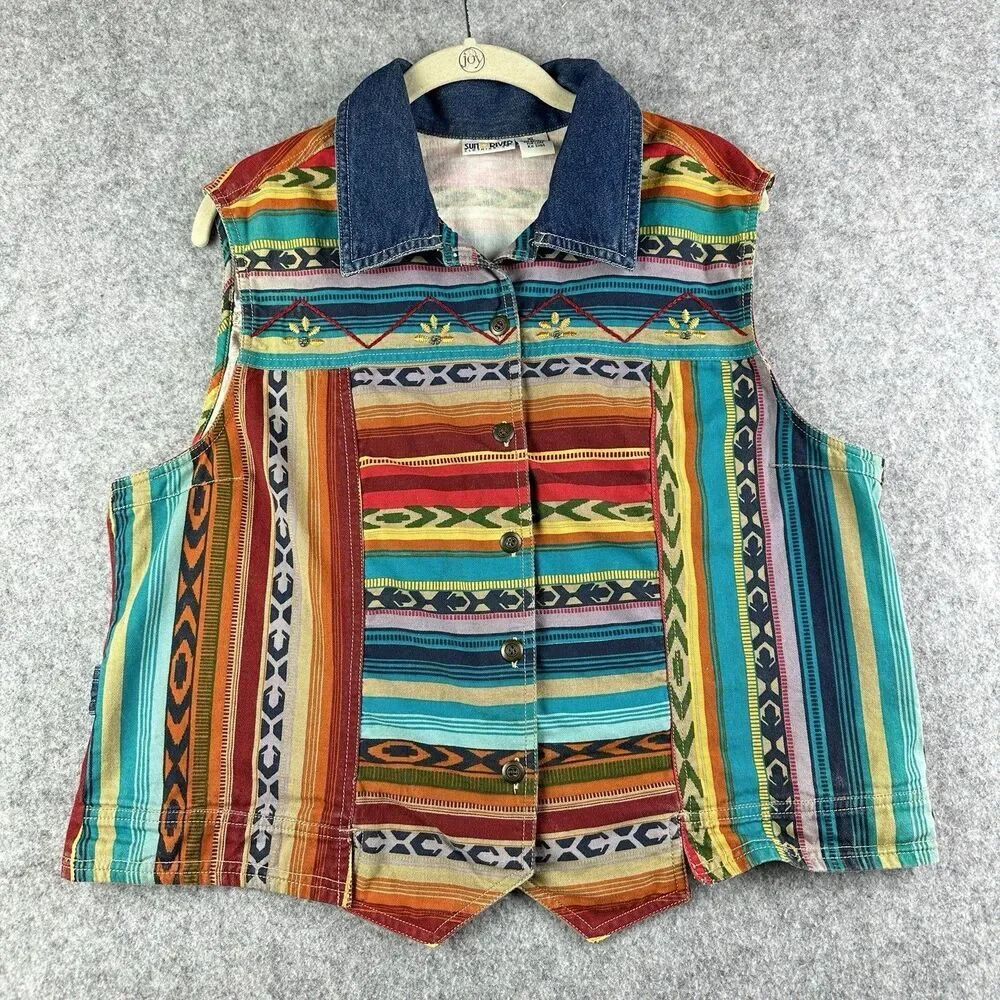 VTG Sun River Southwest Aztec Denim Vest Womens XL Western Beaded Cowboy Boho*